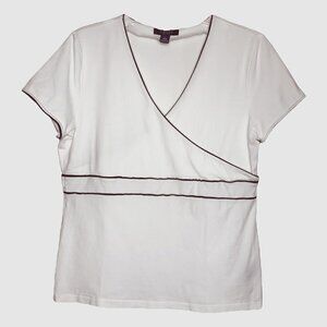 Chaps Cotton White Crossover V-Neck Short Sleeve Top w Black Piping - Size Large